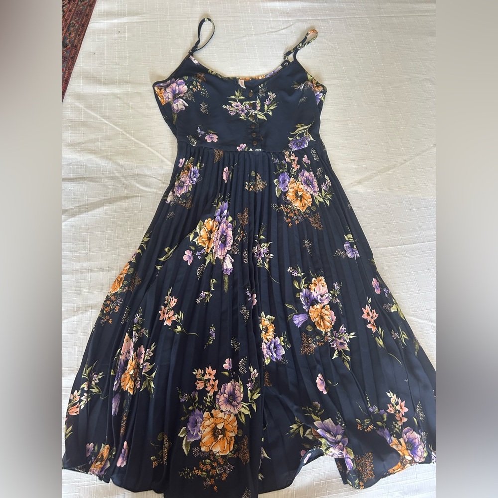 Xhilaration Navy Midi Dress with Purple and Orange Floral Pattern Size Small